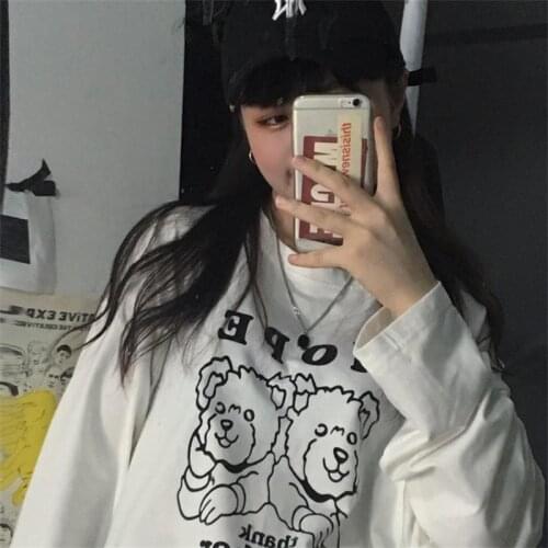 Womens T-shirts Tops Japanese Kawaii Ladies Ulzzang Bear Print Long Sleeved T-shirt Female Korean Harajuku Clothes For Women