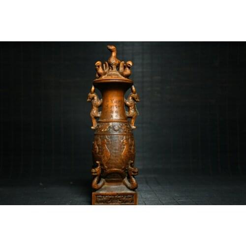 9"China Lucky Old Boxwood Hand-carved Dragon and phoenix statue incense burner Bagua Ding Office Ornaments Town House Exorcism