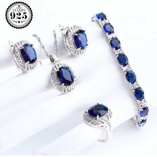 Silver 925 Bridal Jewelry Sets For Women Blue Zircon Wedding Jewelry Pendant Rings Stones Earrings Charms Bracelets Necklace Set