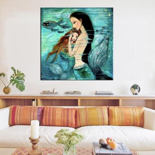 Beautiful Canvas Art Wall Decor Tale Mother and Daughter Mermaid Picture Print Painting Poster Wall Decoration Kids Room