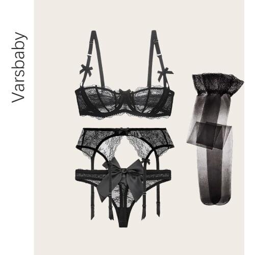 Varsbaby 4-piece Lace Mesh Gathered Bra Set Sexy Non-slip Garter Belt Black Perspective Silky Silk Stockings