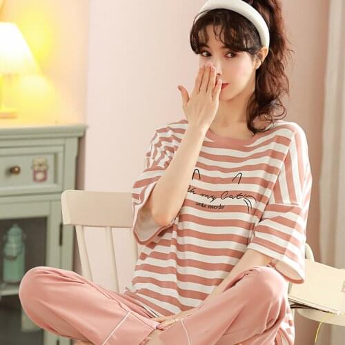 Summer Pajamas Set Short Sleeved Elegant Women Cotton Sleepwear Womens Sleepwear Sets Pyjamas Loose Comfort Plaid Pijama Mujer