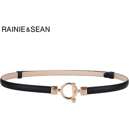 RAINIE SEAN Cowskin Thin Waist Belts Women Genuine Leather Waist Belt Fashion Ladies Belt for Dress Black Female Strap 100cm