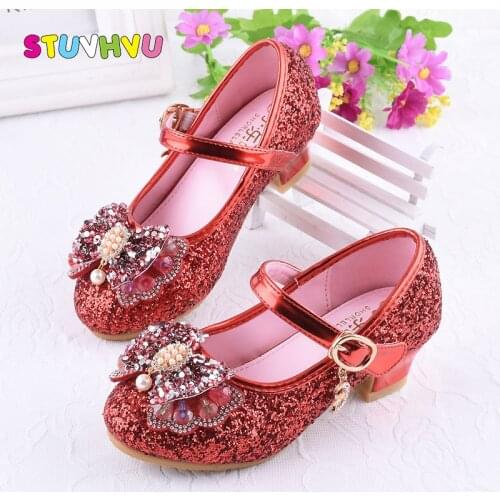 Rhinestone Sequin Wedding Party Girls Shoes Leather Spring and Autumn New Girls High Heels Princess Childrens Crystal Shoes