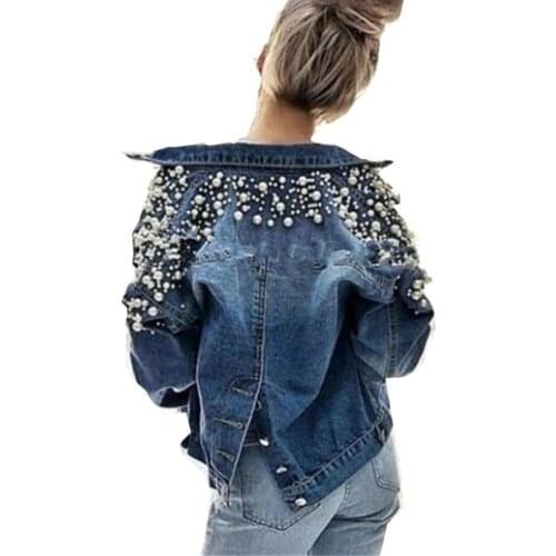 Short Jean Jacket Women Autumn Winter Long Sleeve Jeans Jackets Korean Beads Joker Back Single Breasted Womens Denim Jackets