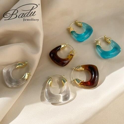 Badu 2021 New Fashion 3 Colors Golden Metal Transparent Geometric U Shape Resin Hoop Earrings For Women Girls Party Jewelry