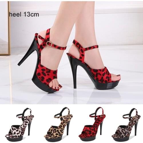 Women Shoes Sandals Heels Stripper Heels Buckle Strap Thin Heels Leopard Print Waterform Platform Big Size Female Slippers Summe