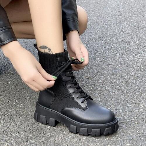 Women Ankle Boots Combat Woman Shoes Casual Lace up Knitting Sock Platform Ladies Leather Boots Vogue Female Botas Mujer New