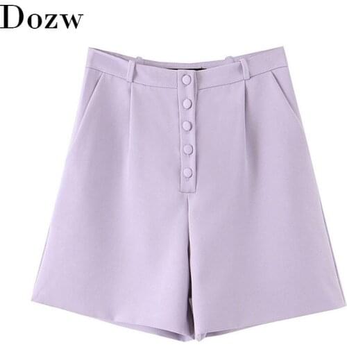 Summer 2020 Solid Casual Shorts Women Fashion High Waist Button Fly Purple Shorts Side Pockets Streetwear Ladies Bottoms