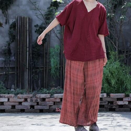 Original Women Plaid Straight Pants Vintage Cotton Trouser Elastic Wasit 2020 New Summer Original Loose Women Casual Pants