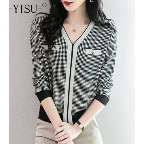 YISU New Spring Autumn Womens Sweater V-Neck pocket Loose tops Fashion Long sleeve Female Knitted Pullover 2021 Casual Jumper