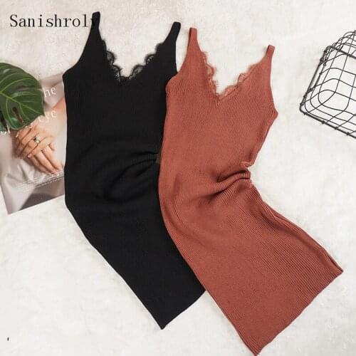 Sanishroly Women Spaghetti Strap Dresses V-Neck Lace Patchwork Knitted Dress Lady Sleeveless Sheath Mini Tank Dress Vestidos 049
