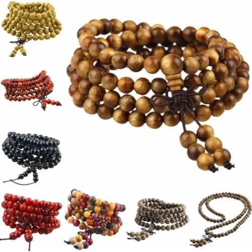 SUNYIK 108 Natural Wood Beaded Tibet Buddhism Buddha Mala Prayer Beads 6mm Bracelet Necklace