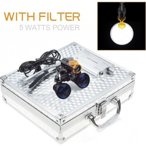Binocular Dental Dentist Loupes +5W LED Headlight with Filter Aluminum Box 2.5X/3.5X Silver