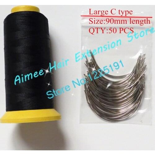 C weaving needles 90mm long Shape needles 50pcs&1 Black Nylon high strength Polyester thread for hair weft 3types as gift