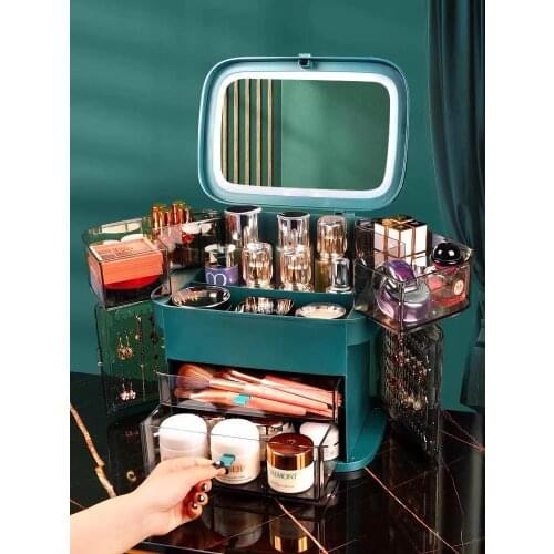 Big Capacity Led Light Cosmetic Storage Box Waterproof Dustproof Desktop Drawer Makeup Organizer Storage Box Jewelry Display Box
