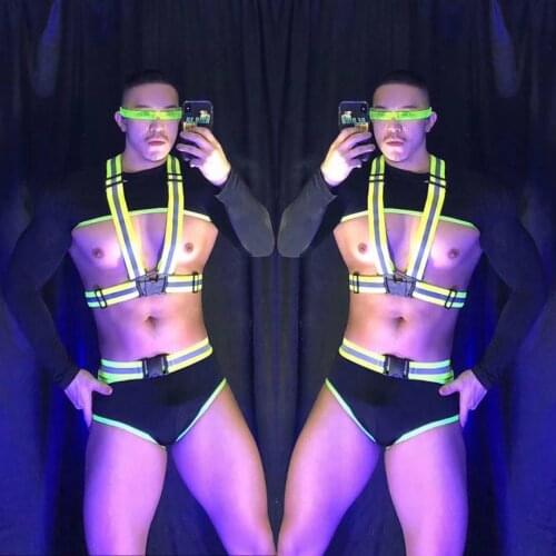 Pole Dance Cosutme Suit For Men Fluorescence Green Strap Sexy DJ Dancer Clothes Nightclub Wear Gogo Dancing Clothing VDB3872