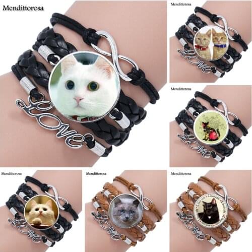 Mendittorosa Lovely Cat Fashion Glass Cabochon Multilayer Black/Brown Leather Bracelet Bangle Handmade Maxi Lovers Best Gifts