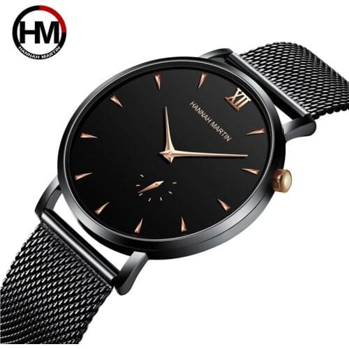 2019 New Hannah Martin Simple Mens Watch Luxury Rose Gold Business Mens Quartz Wristwatch Waterproof Steel Mesh Strap Clock