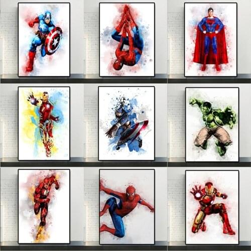 Marvel Avengers Wall Art Canvas Painting Watercolor Superhero Cartoon Posters and Print Wall Art Picture Kids Room Wall Decor