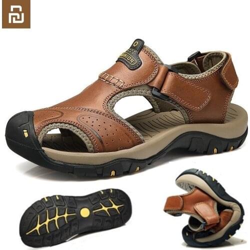 New Youpin Mens Causal Walking Sandal Shoes Genuine Leather Rubber Anti-slip Manual Sewing mens Outdoor Climbing Beach Shoes