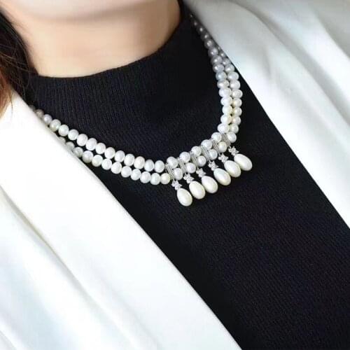 2rows Freshwater pearl white near round necklace 7-8mm nature beads for women gift rice pendant necklace