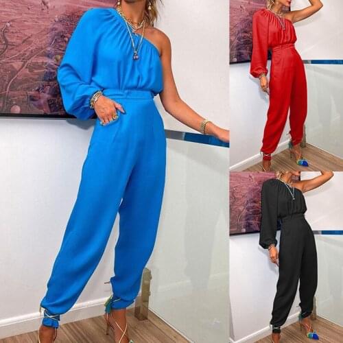 Sexy One-shoulder Suit Overalls Korean Fashion 2 Piece Womens Suit Pants Suit Womens Solid Color Long-sleeved Pants Womens Su