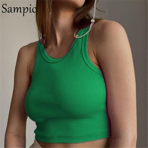 Sampic Knitted Skinny Mini T Shirt Tops Sleeveless Ribber Casual O Neck Club Summer 2021 Vest Crop Tops Fashion Y2K Tank Tops