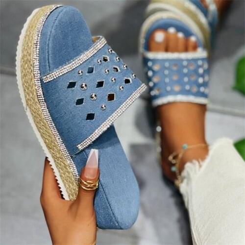 Womens Waterproof Platform Summer Causal Sandals Female Rhinestone Embellishment Thick Bottom Slippers Blue Plus Size 36-43