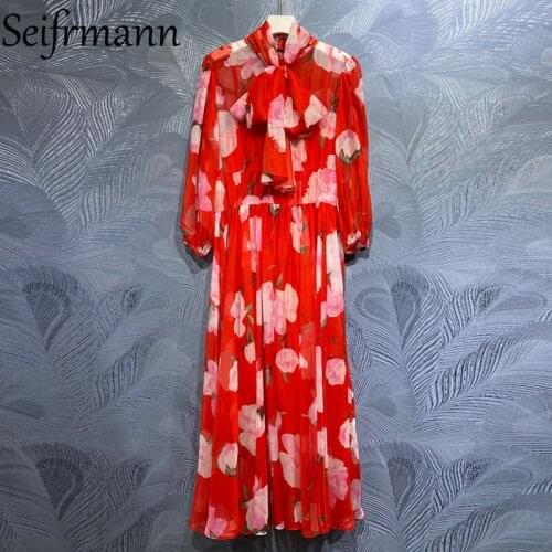 Seifrmann New 2021 Summer Women Fashion Designer Party Long Dress Lantern Sleeve Bow Sashes High Waist Printed Ladies Dresses