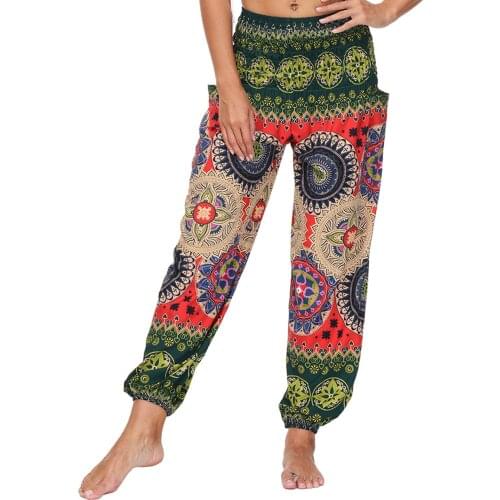 Womens Harem Pants Smocked High Waist Bohemian Indian Yoga Pants Loose Boho Hippie Pants With Pockets