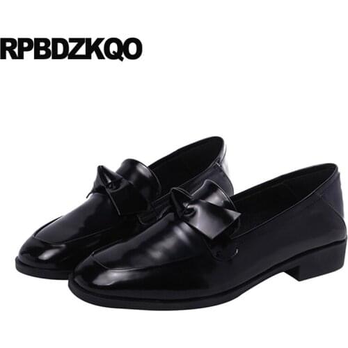 Chic 2019 ladies block japanese vintage leather pumps low heels patent black chunky shoes slip on thick kawaii square toe bow
