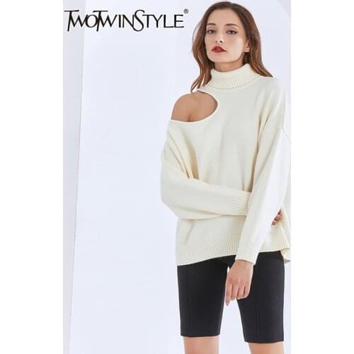 TWOTWINSTYLE Loose Sweater For Women Turtleneck Long Sleeve One Off Shouder Knitting Pullovers Casual Sweaters Female 2020 Tide
