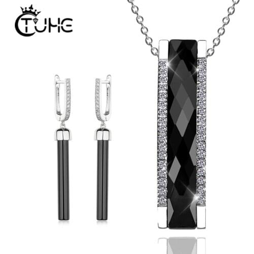Women Jewelry Set Long Ceramic Drop Earrings With Crystal Rectangle Pendant Necklace For Female Girls Fashion Jewelry Gifts