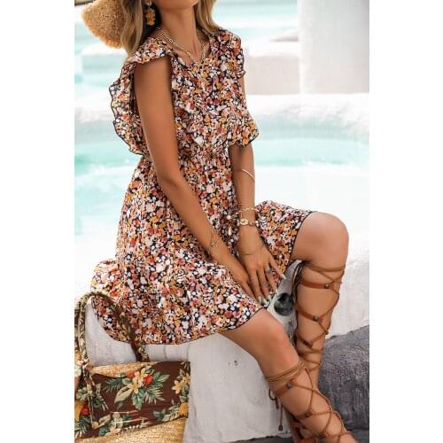 Women Robe Femme Summer Foral Print A-Line Dresses Hollow Out Ruffles Sleeveless Dress For Women Clothing 2021 Vestido De Mujer