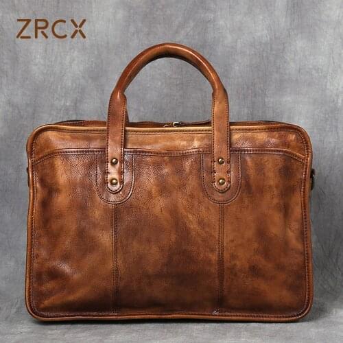 ZRCX Vintage Mens Travel Bag Geunine Leather Briefcase Large Capacity Single Shoulder Messenger For 16 Inch Laptop