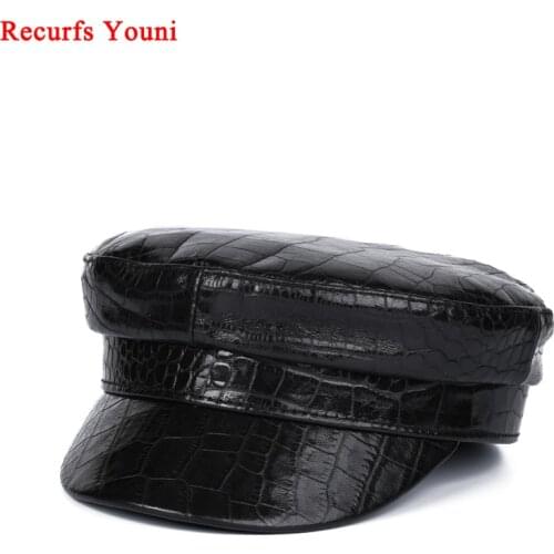 2020 Winter Women Genuine Leather Crocodile Pattern Navy Hat Female European/American Retro Simple Flat Top Caps Street Beret