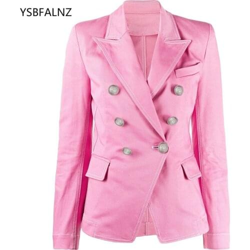 2021 Newest Designer Blazer Womens High Street Style Double Breasted Lion Buttons Top Stitching Contrast Pink Fashion Blazer