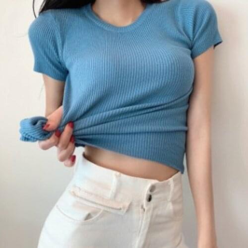 2021 Summer New Women Fashion Solid Knitted T Shirt Short Sleeve O-Neck 10 Candy Colors Slim Tops Casual Tees
