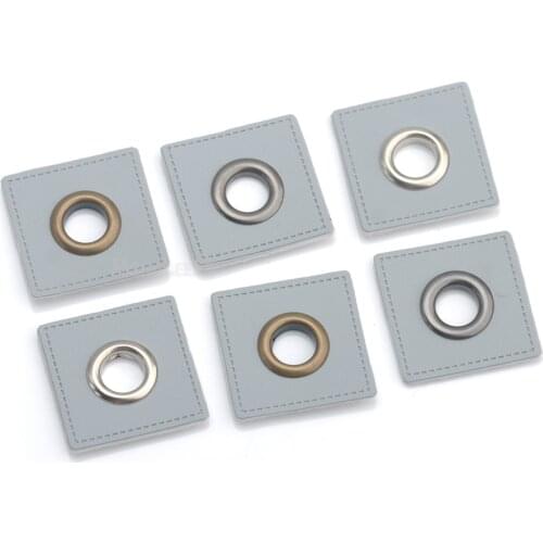 30pcs/lot 27mm square GREY PU leather sew on Badges patch labels + inner 8mm metal brass eyelets grommets free ship