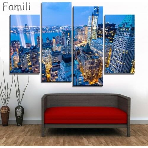 Unframed Modern 4pcs Melamine Sponge Board Canvas Oil Painting New York City Night View Pictures Seascape Living Room Wall Art