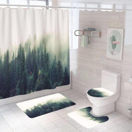 3D Natural Landscape Shower Curtain Sets 4 Pcs Toilet Mat Bath Mat Set Bathroom Curtain with 12 Hooks