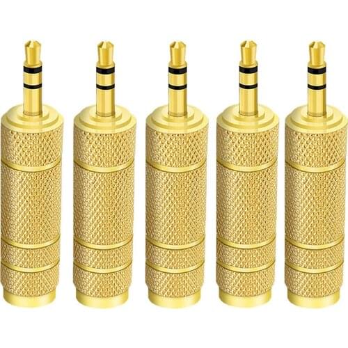 5 Pack 3.5mm 1/8" Male to 6.35 mm 1/4" Female Stereo Audio Headphone Adapter for Amplifiers, Guitars, Pianos, Consoles, Speakers