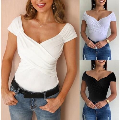 New Elegant V Neck Shirt Blouse Womens Sexy Solid Color Off Shoulder Short Sleeve Cross Wrap Ribbed Shirts Tops Women Clothing