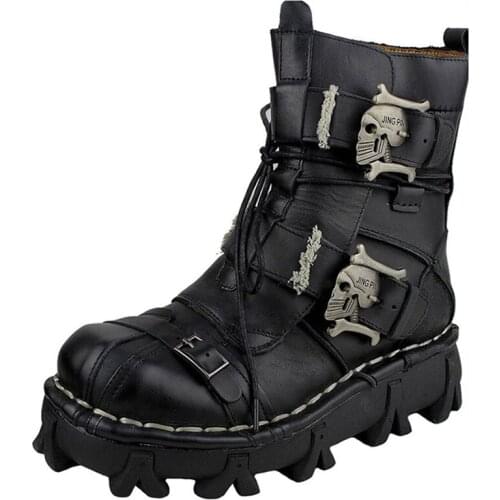 Motorcycle Boots Men Winter Retro Genuine Cow Leather Vintage Skull Punk Casual Martin Boot Moto Motorbike Biker Protective Gear