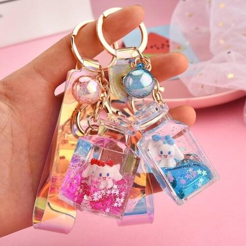 Creative Leather Strap Transparent Square Bottle Keychain Liquid Floating Puppy Doll Key Chain Gift for Women Car Bag Keyring