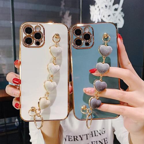 Candy Color Glossy 6D Electroplate Plush Love Heart Wrist Bracelet Phone Case For iPhone 11 12 Pro Max X XS XR 7 8 Plus SE2020