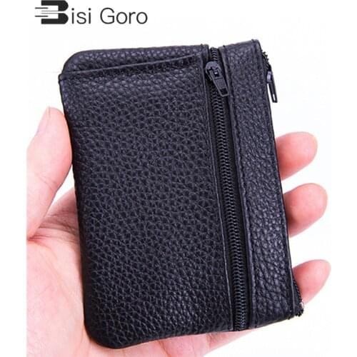 BISI GORO Mini Coin Purse Cow Leather Simple Wallet for Men Women Zipper Black Coffee Minimalist Travel Cards Holder 2021 New
