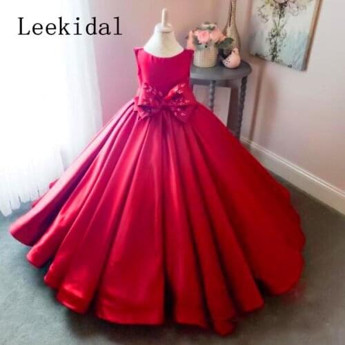 Red Girls Pageant Dresses Jewel Neck Bow Sleeveless Ball Gown Flower Girl Dress For Wedding Custom Made Satin Kids Formal Gown