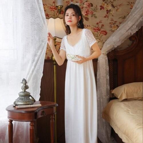 Summer Short Sleeve Nightdress Women Cotton Retro Court Style Nightgowns V-neck Sweet Lace Princess Night Dress Sexy Sleepshirts